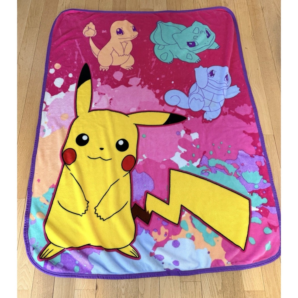 Pokemon Pikachu Plush‎ Fleece Throw Blanket Pink Bulbasaur Charmander 58"x43"